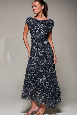Mesh Asymmetrical Draped Maxi Dress, Black Abstract