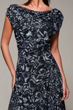 Mesh Asymmetrical Draped Maxi Dress, Black Abstract