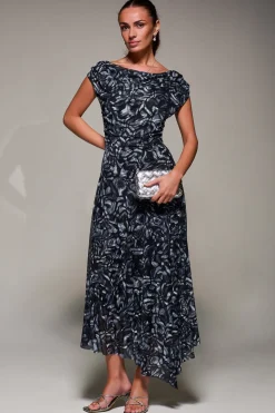 Mesh Asymmetrical Draped Maxi Dress, Black Abstract