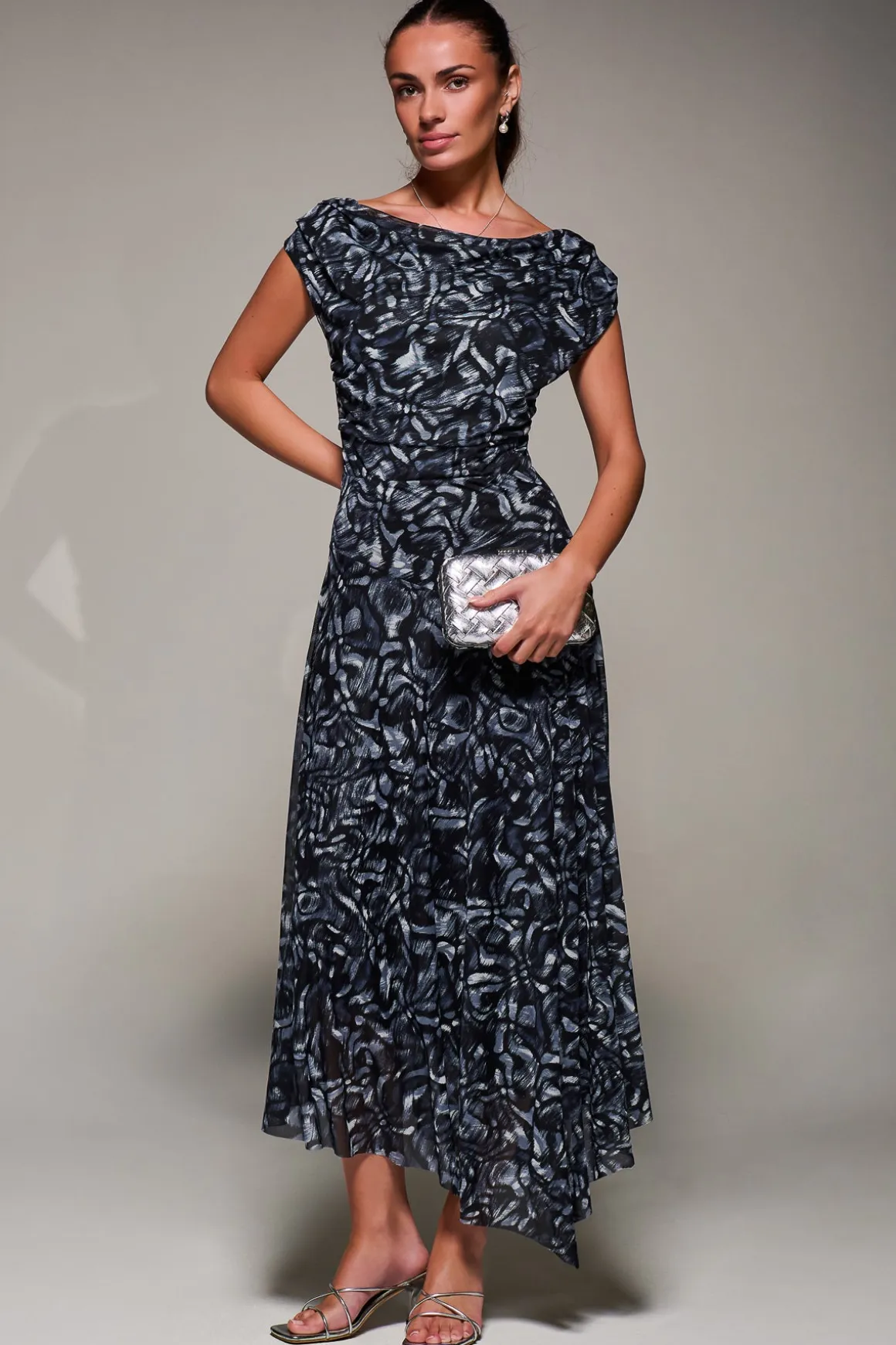 Mesh Asymmetrical Draped Maxi Dress, Black Abstract
