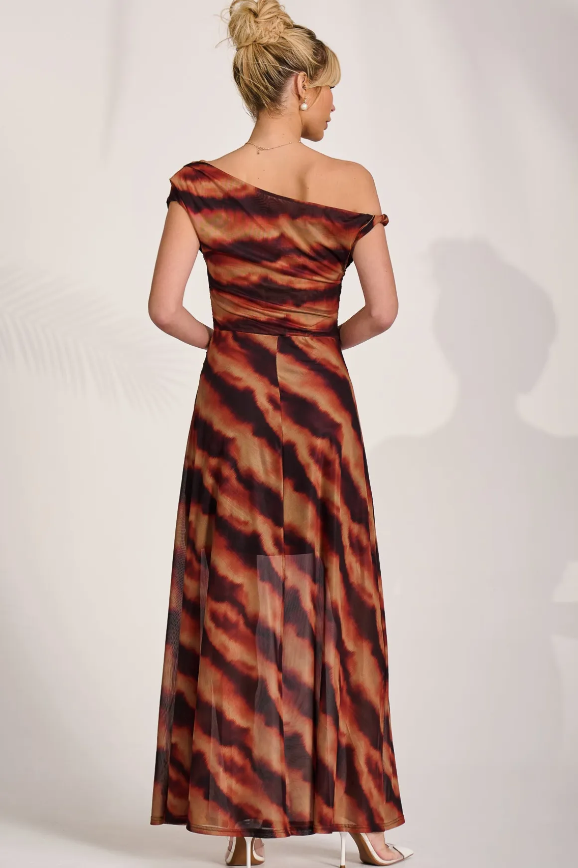 Mesh Asymmetrical Off-Shoulder Maxi Dress, Amber Haze