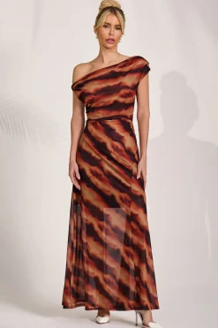 Mesh Asymmetrical Off-Shoulder Maxi Dress, Amber Haze