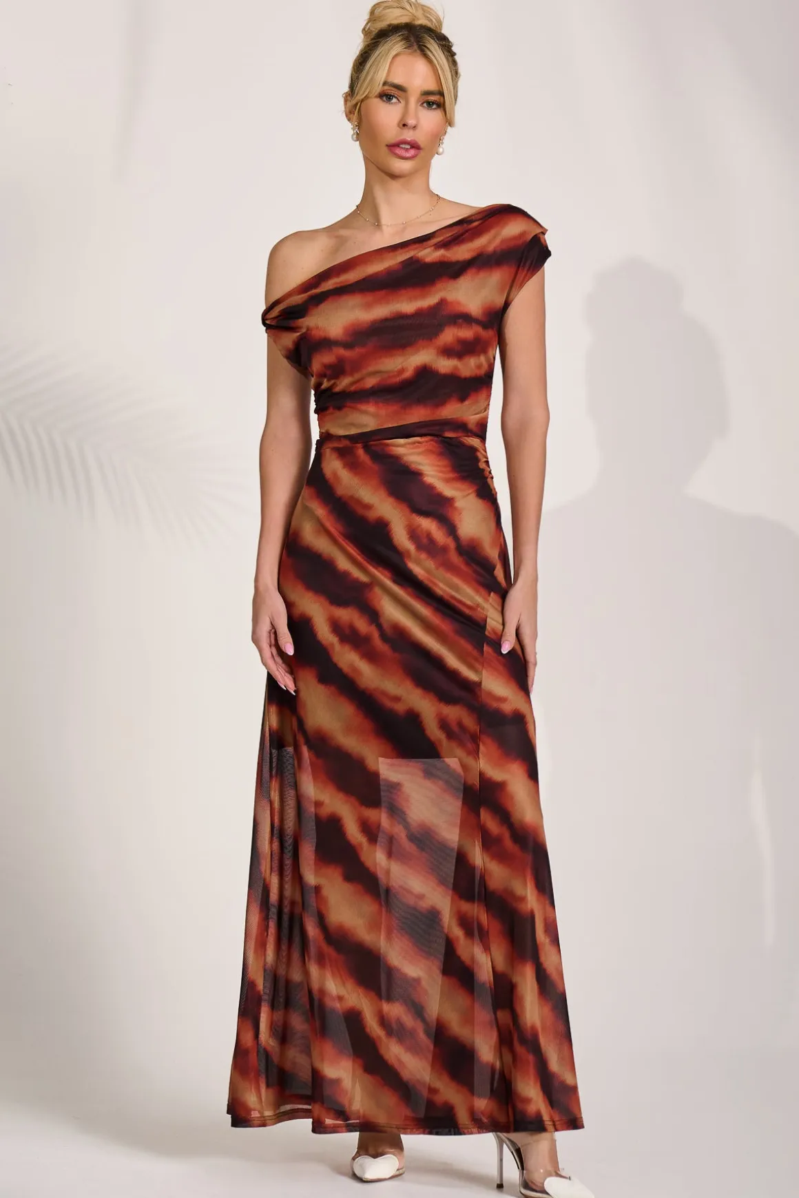 Mesh Asymmetrical Off-Shoulder Maxi Dress, Amber Haze
