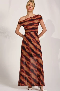 Mesh Asymmetrical Off-Shoulder Maxi Dress, Amber Haze