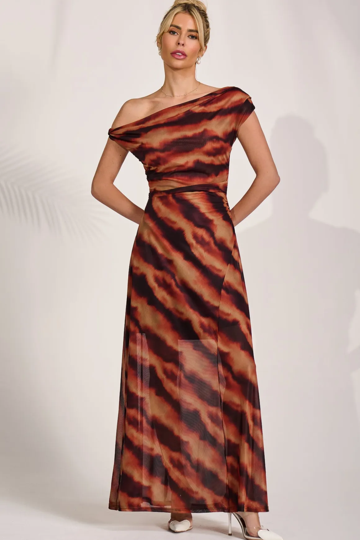 Mesh Asymmetrical Off-Shoulder Maxi Dress, Amber Haze