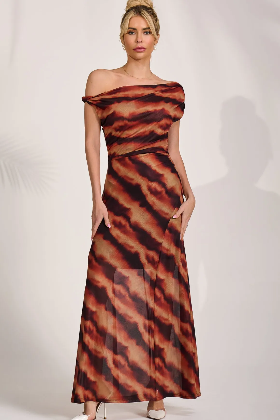 Mesh Asymmetrical Off-Shoulder Maxi Dress, Amber Haze
