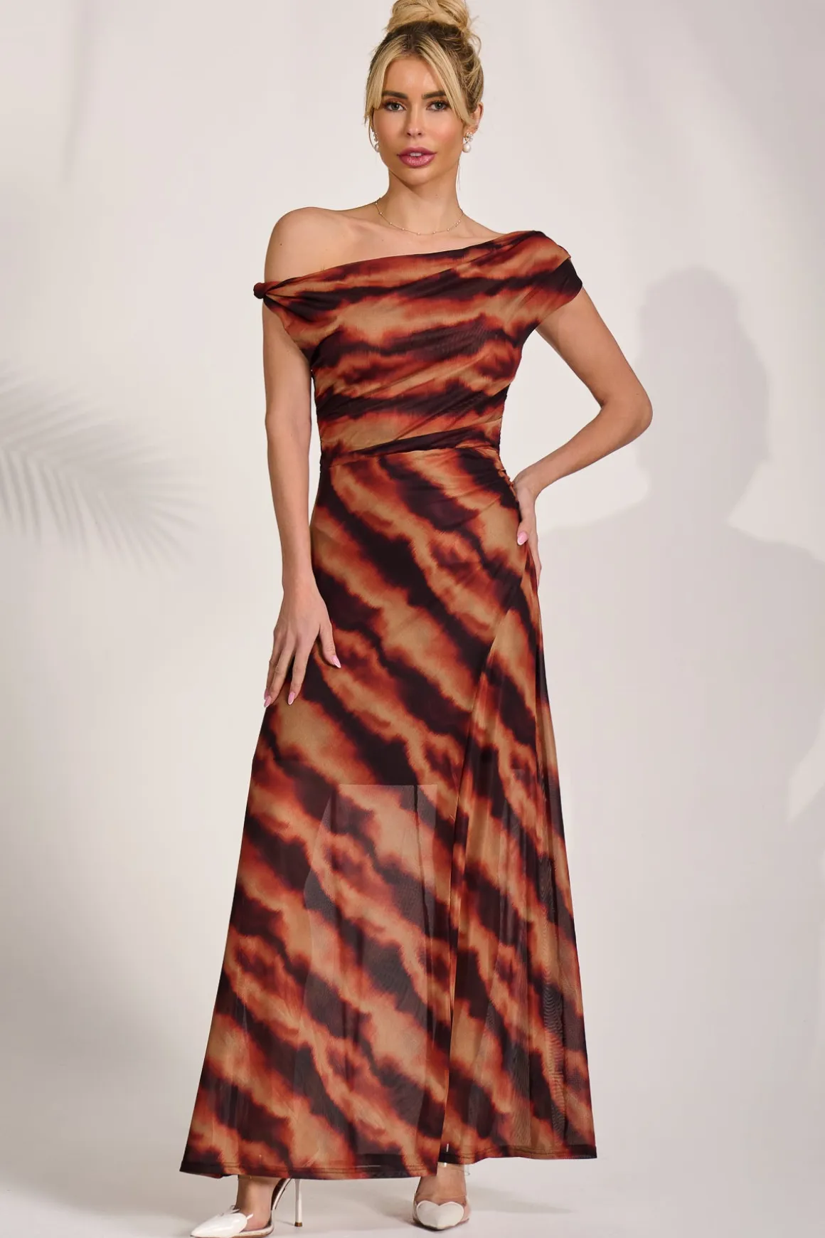 Mesh Asymmetrical Off-Shoulder Maxi Dress, Amber Haze