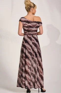 Mesh Asymmetrical Off-Shoulder Maxi Dress, Black Abstract
