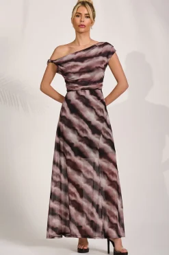 Mesh Asymmetrical Off-Shoulder Maxi Dress, Black Abstract