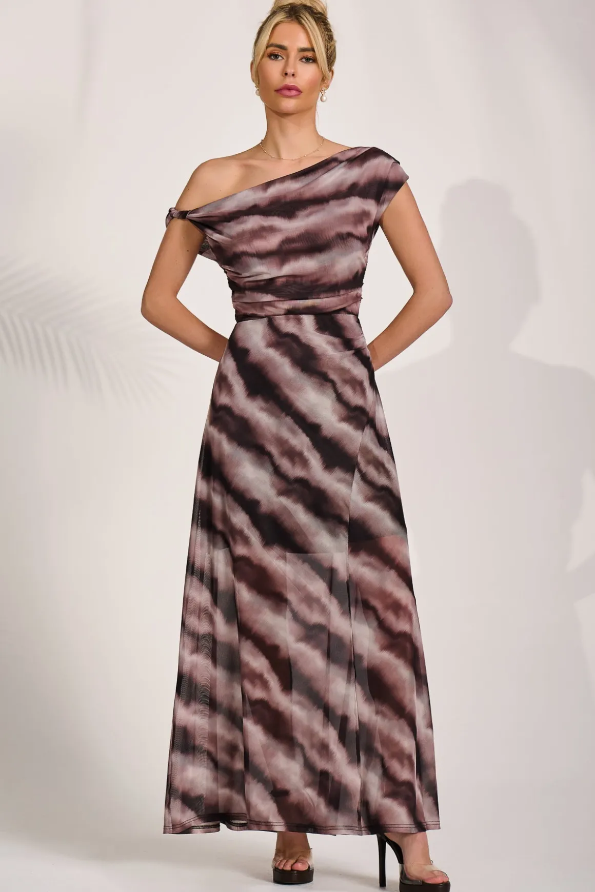 Mesh Asymmetrical Off-Shoulder Maxi Dress, Black Abstract
