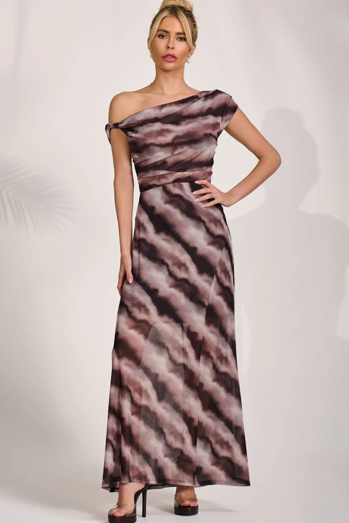Mesh Asymmetrical Off-Shoulder Maxi Dress, Black Abstract