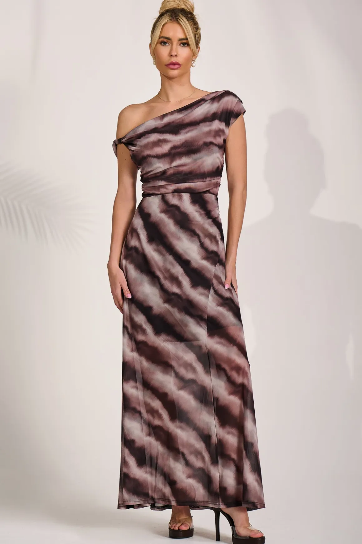 Mesh Asymmetrical Off-Shoulder Maxi Dress, Black Abstract