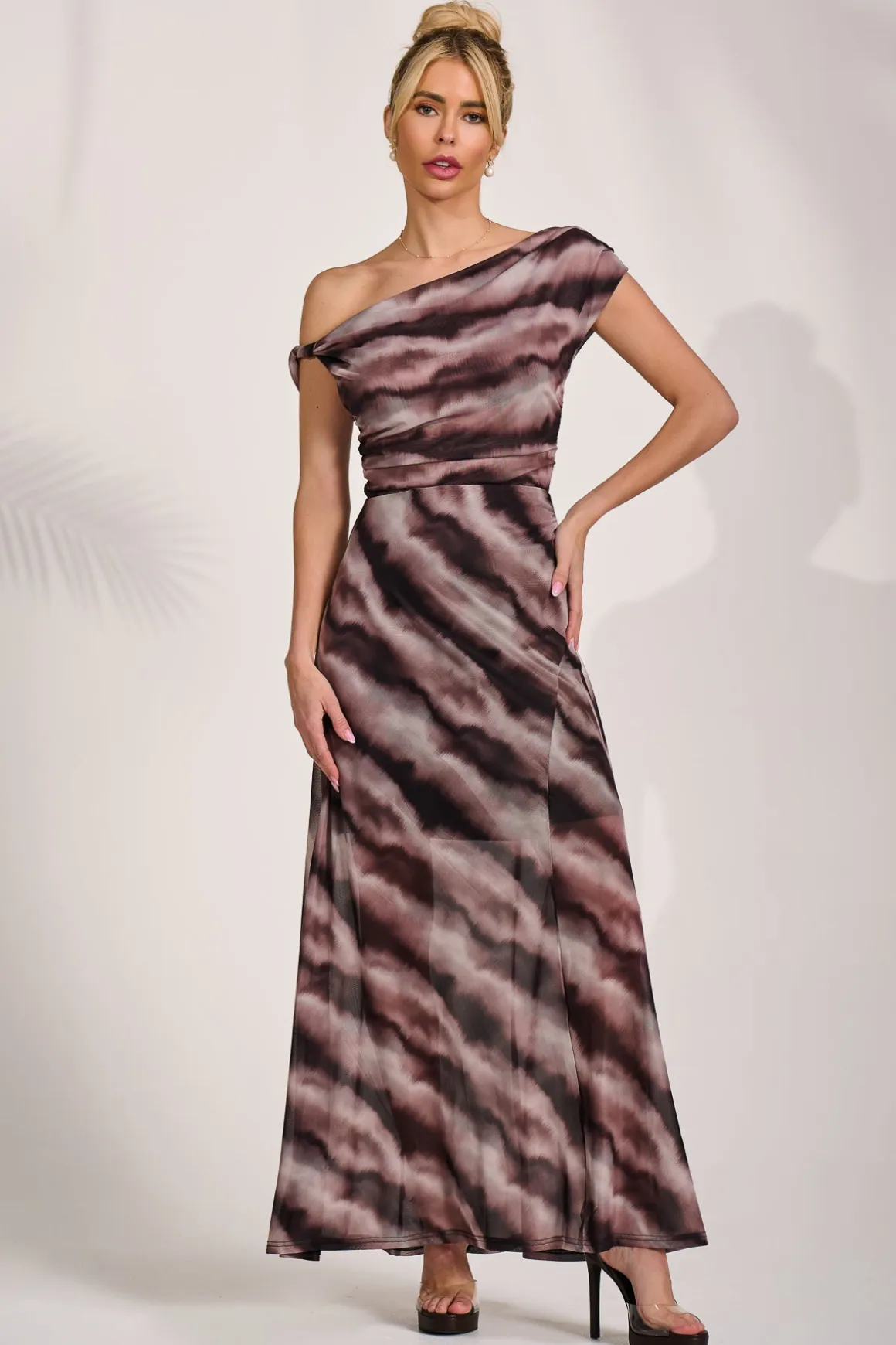 Mesh Asymmetrical Off-Shoulder Maxi Dress, Black Abstract