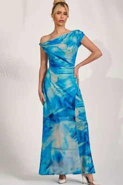 Mesh Asymmetrical Off-Shoulder Maxi Dress, Blue Abstract