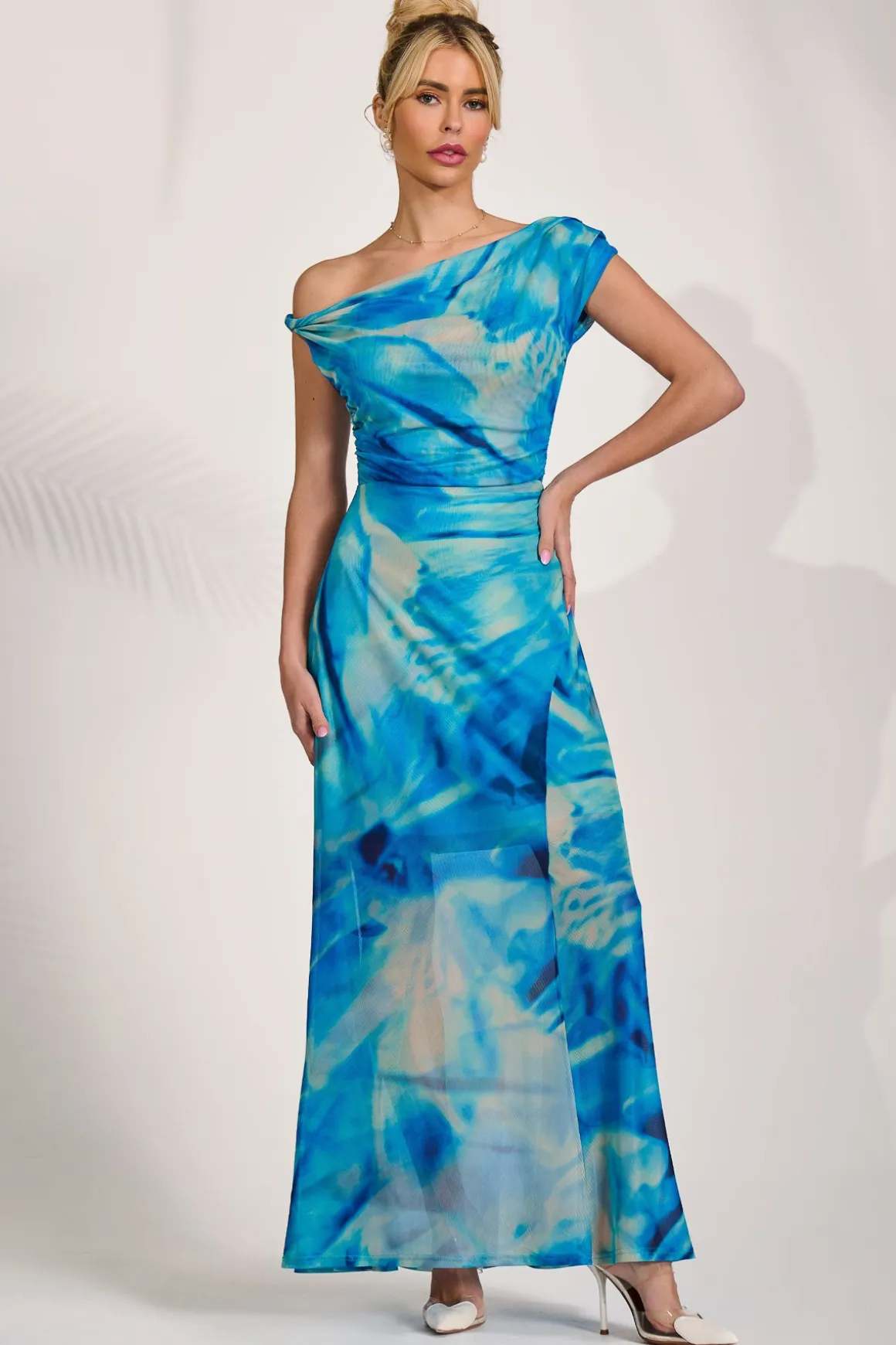 Mesh Asymmetrical Off-Shoulder Maxi Dress, Blue Abstract