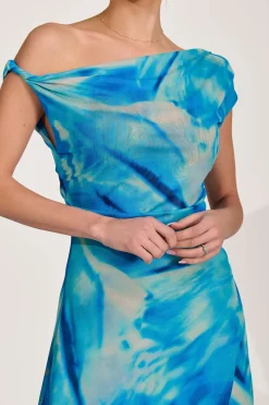 Mesh Asymmetrical Off-Shoulder Maxi Dress, Blue Abstract