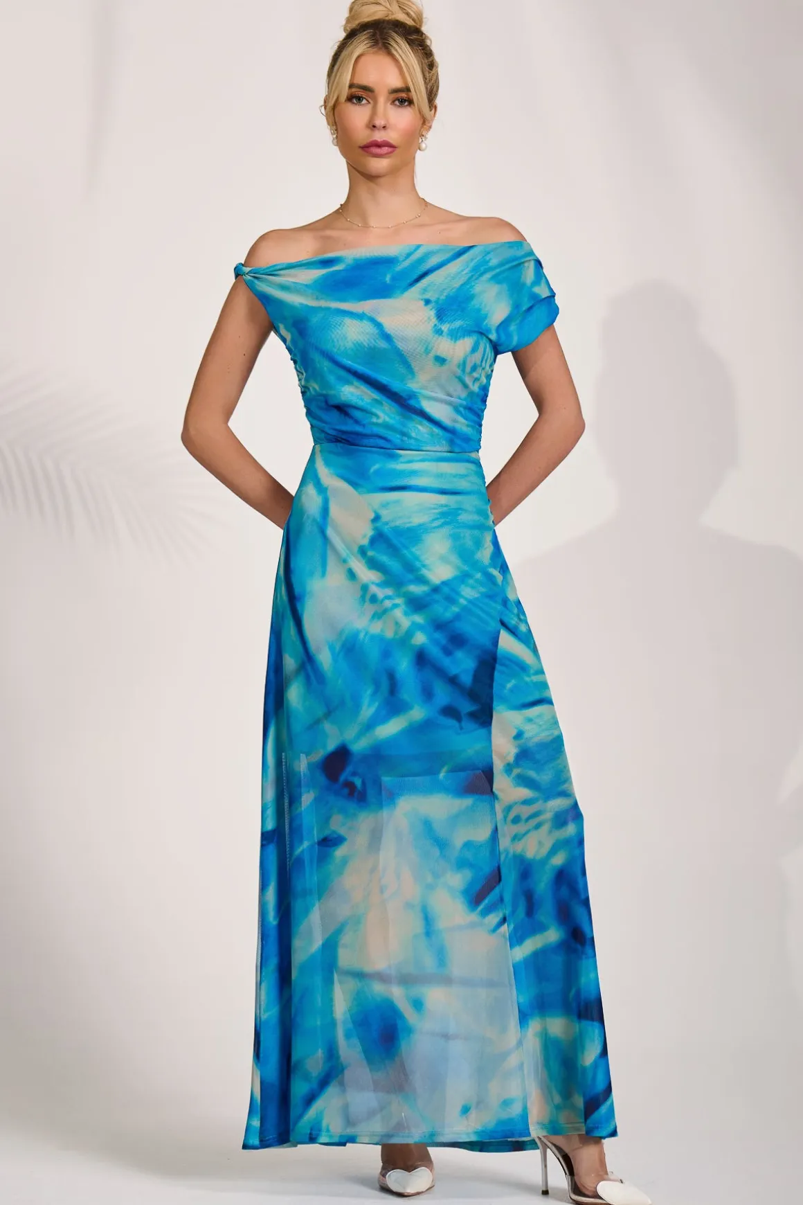 Mesh Asymmetrical Off-Shoulder Maxi Dress, Blue Abstract
