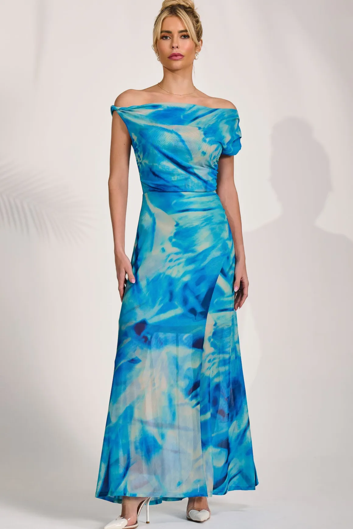 Mesh Asymmetrical Off-Shoulder Maxi Dress, Blue Abstract