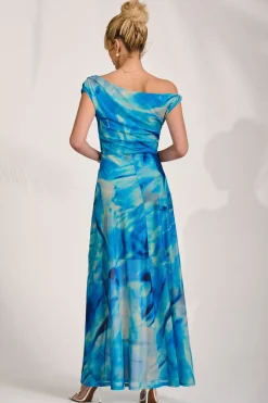 Mesh Asymmetrical Off-Shoulder Maxi Dress, Blue Abstract
