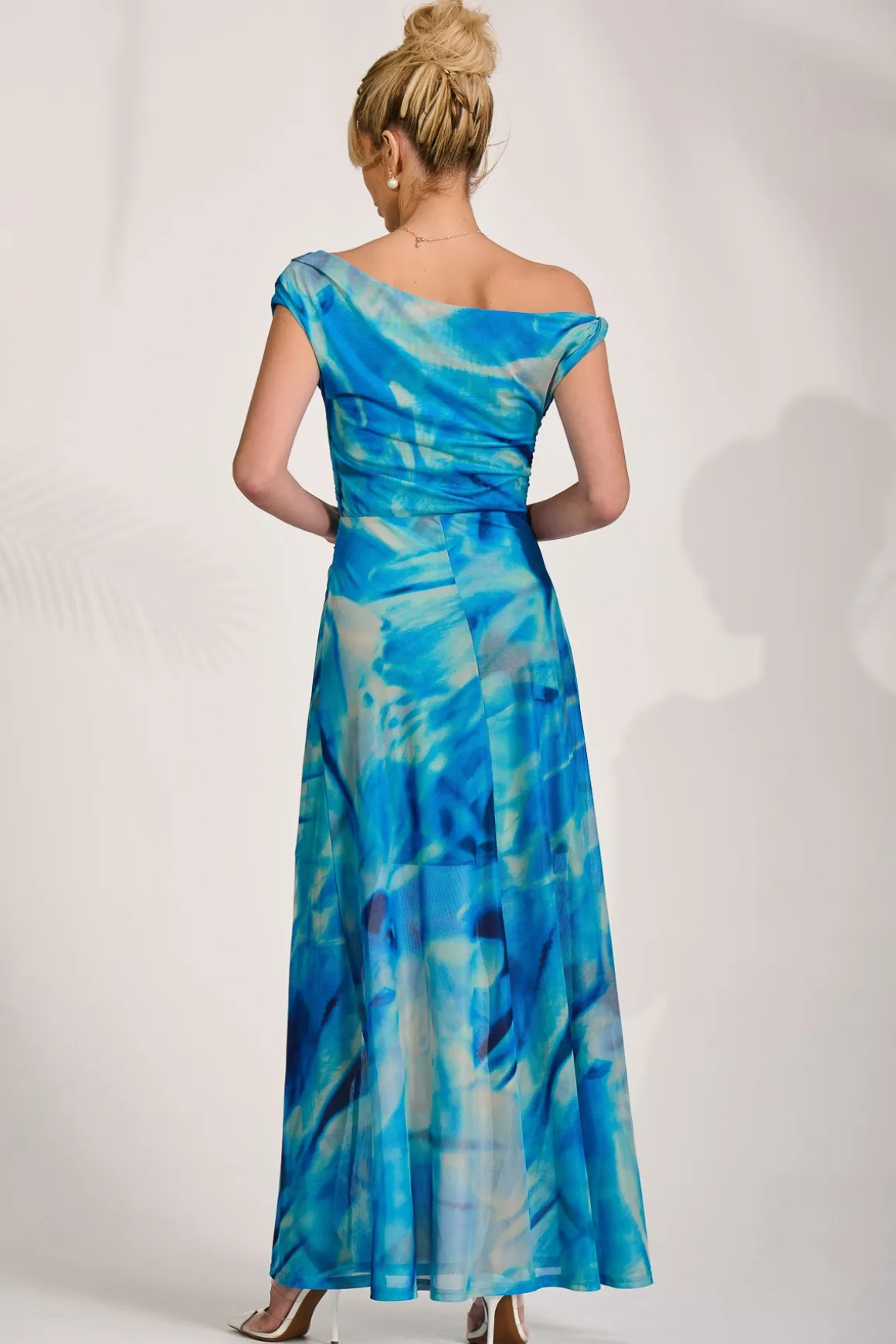 Mesh Asymmetrical Off-Shoulder Maxi Dress, Blue Abstract
