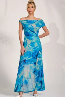 Mesh Asymmetrical Off-Shoulder Maxi Dress, Blue Abstract