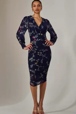 Mesh Bodycon Midi Dress, Navy Red Floral