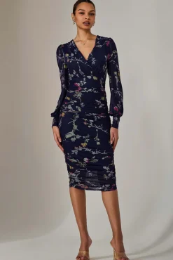Mesh Bodycon Midi Dress, Navy Red Floral