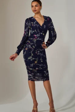 Mesh Bodycon Midi Dress, Navy Red Floral