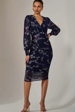 Mesh Bodycon Midi Dress, Navy Red Floral
