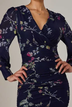 Mesh Bodycon Midi Dress, Navy Red Floral