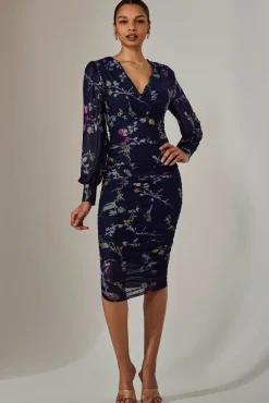 Mesh Bodycon Midi Dress, Navy Red Floral