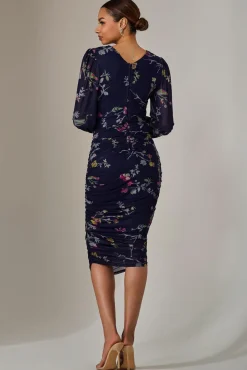Mesh Bodycon Midi Dress, Navy Red Floral