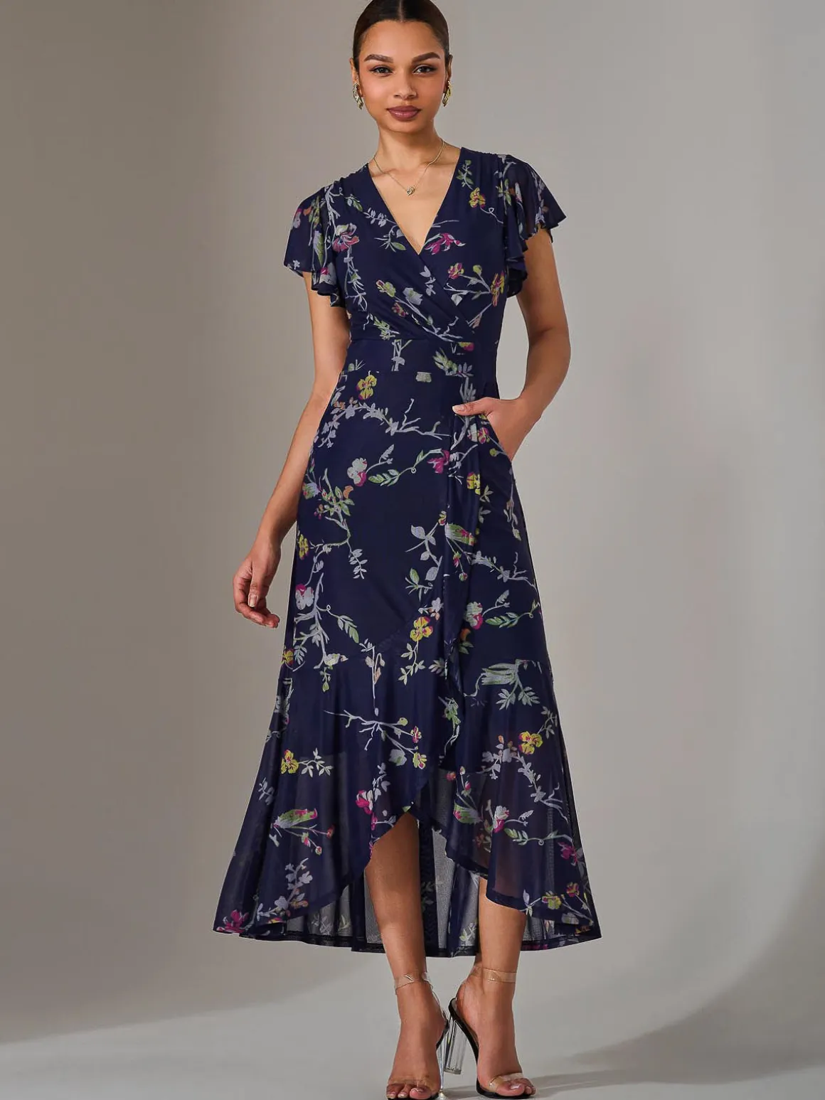 Mesh Frill Hem Maxi Dress, Navy Pink Multi