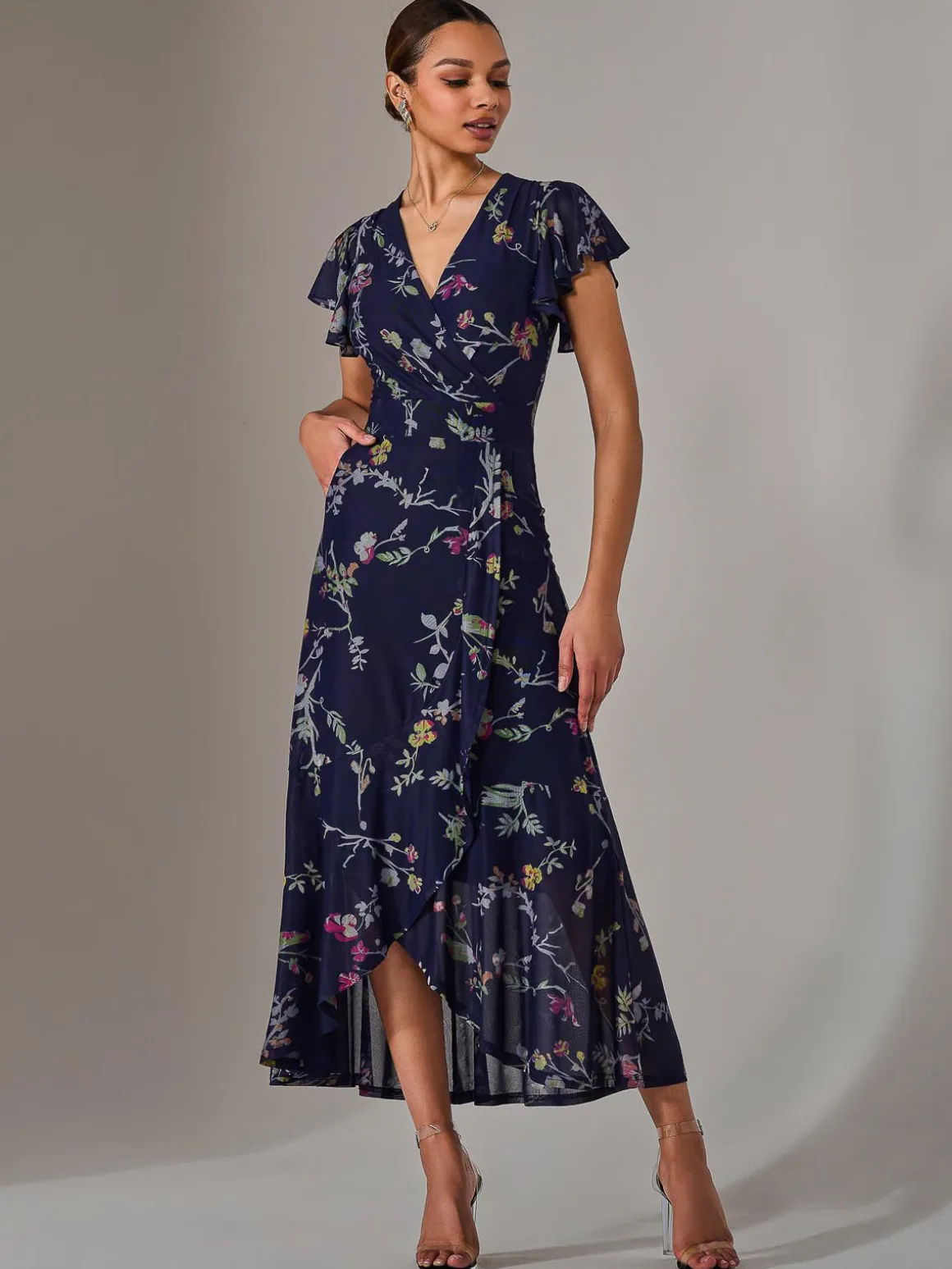 Mesh Frill Hem Maxi Dress, Navy Pink Multi