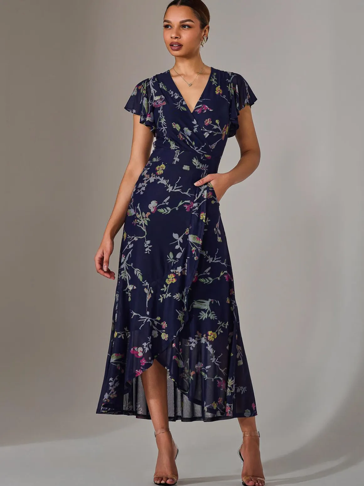 Mesh Frill Hem Maxi Dress, Navy Pink Multi