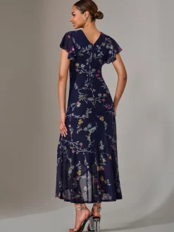 Mesh Frill Hem Maxi Dress, Navy Pink Multi