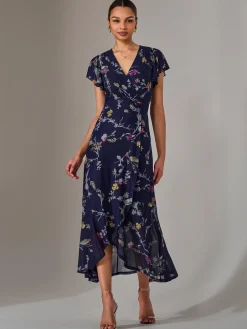 Mesh Frill Hem Maxi Dress, Navy Pink Multi