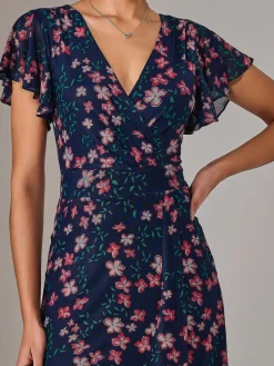 Mesh Frill Hem Maxi Dress, Navy Red Floral