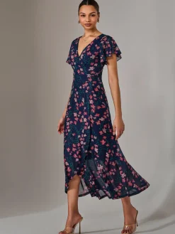 Mesh Frill Hem Maxi Dress, Navy Red Floral