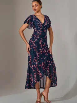 Mesh Frill Hem Maxi Dress, Navy Red Floral