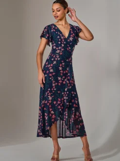 Mesh Frill Hem Maxi Dress, Navy Red Floral