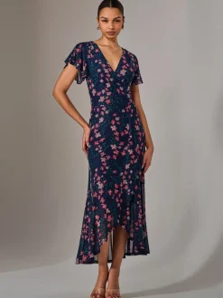 Mesh Frill Hem Maxi Dress, Navy Red Floral