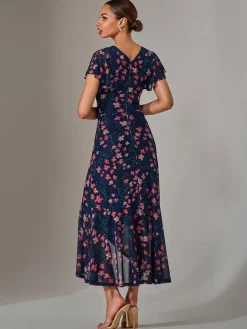 Mesh Frill Hem Maxi Dress, Navy Red Floral
