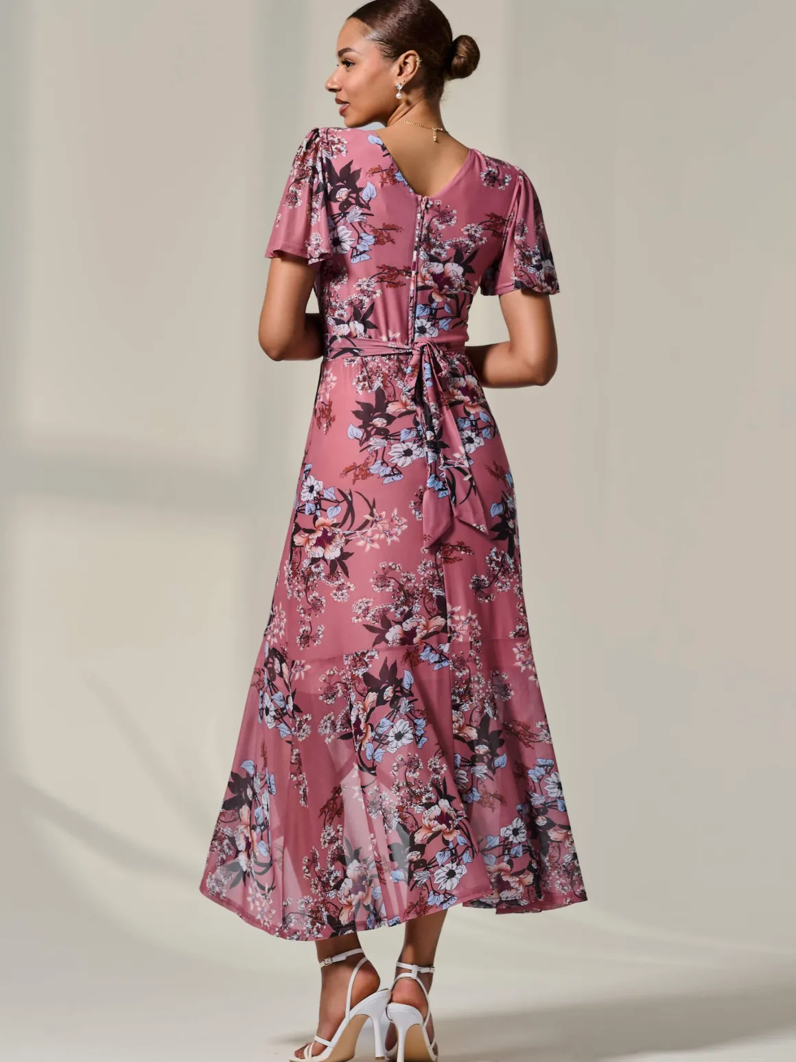 Mesh Frill Hem Maxi Dress, Pink Floral