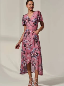 Mesh Frill Hem Maxi Dress, Pink Floral