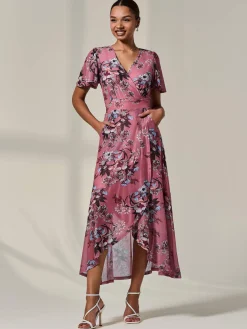 Mesh Frill Hem Maxi Dress, Pink Floral