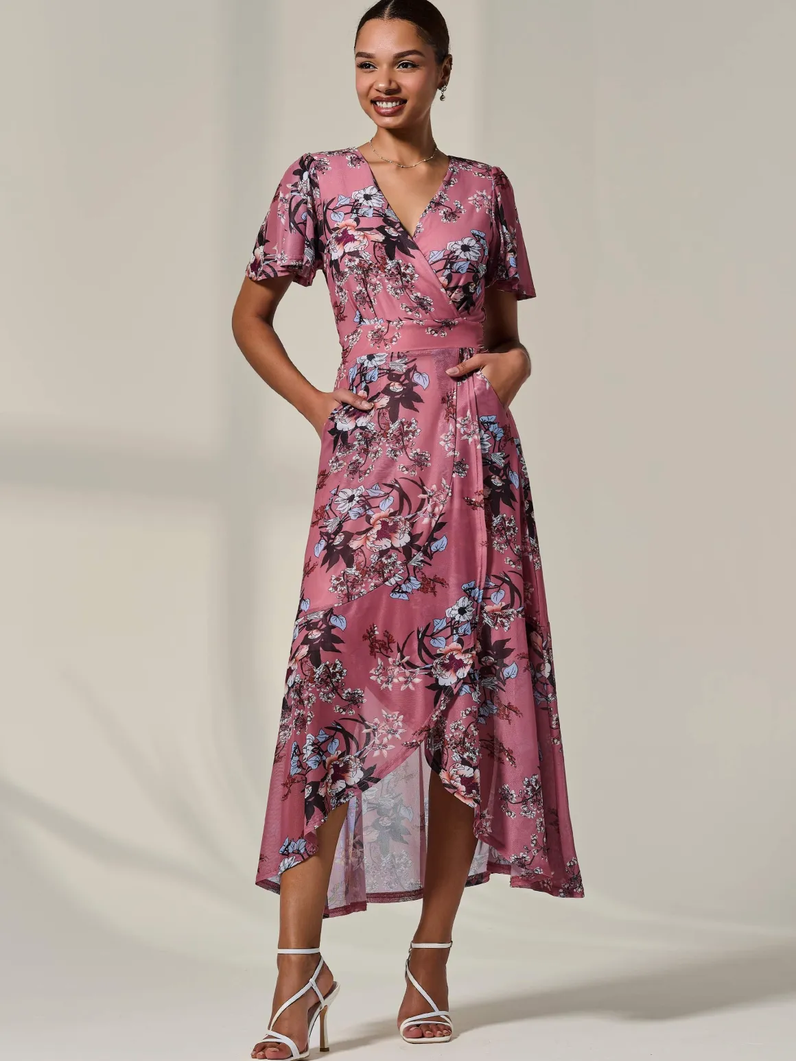 Mesh Frill Hem Maxi Dress, Pink Floral