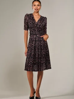 Mesh Half Sleeve Midaxi Dress, Brown Leopard