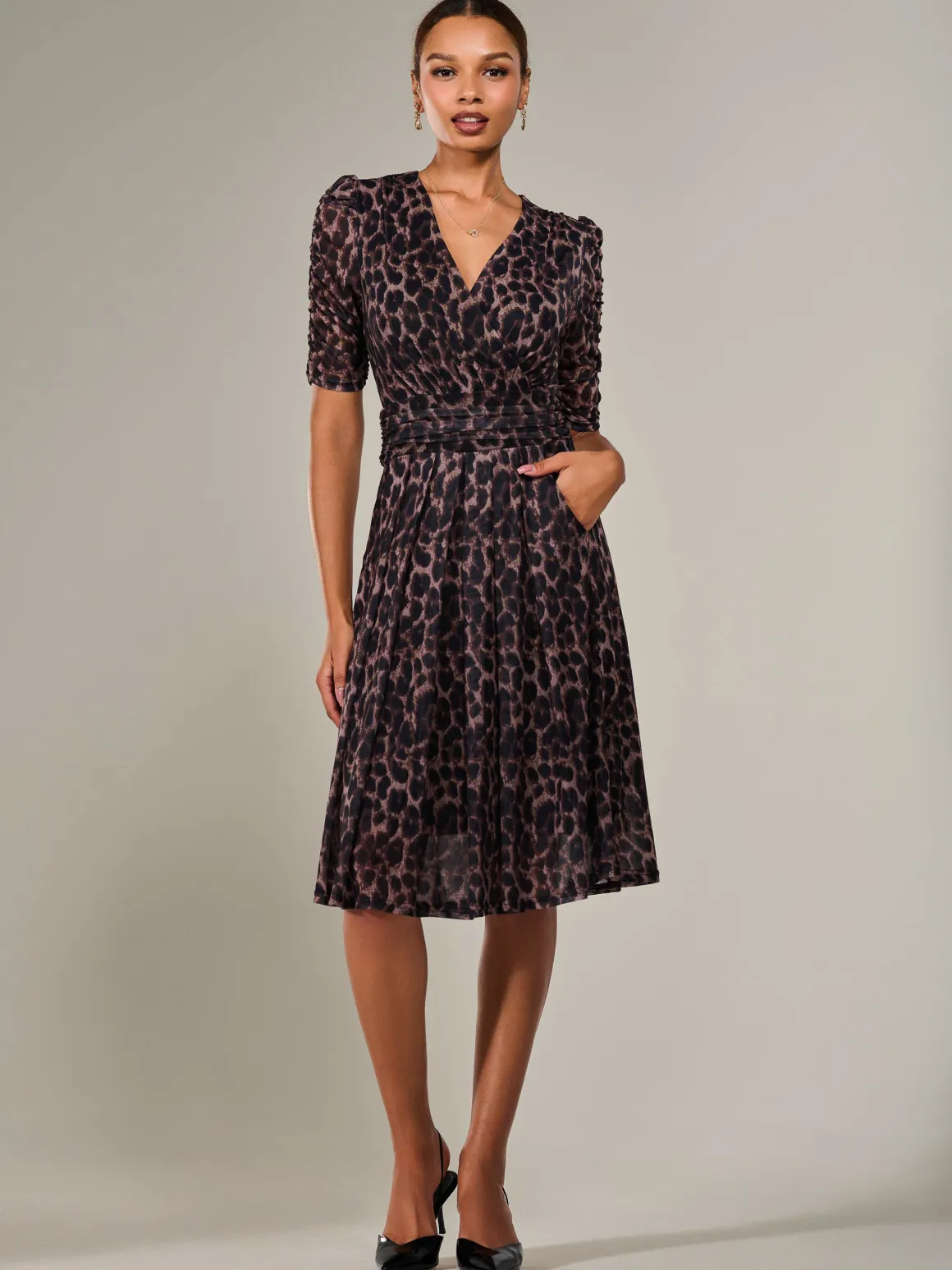 Mesh Half Sleeve Midaxi Dress, Brown Leopard