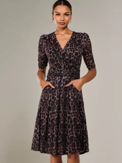 Mesh Half Sleeve Midaxi Dress, Brown Leopard